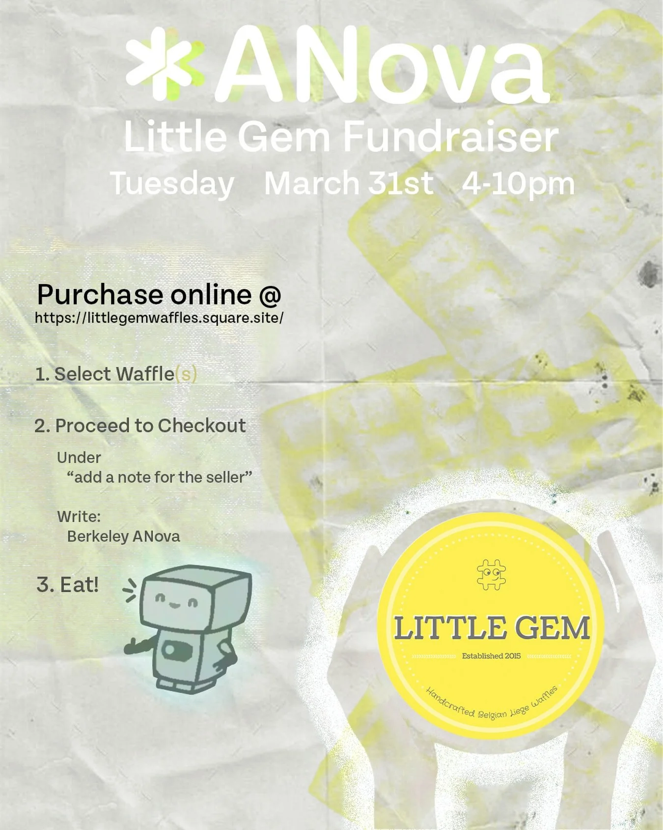Welcome back to school everyone 🤗 Join us on Tuesday at Little Gems for a sweet cause!

Berkeley ANova will be hosting a fundraiser on Tuesday, March 31st from 4-10pm. Eat some delicious waffles 🧇 and contribute to ANova. Order through link in bio,