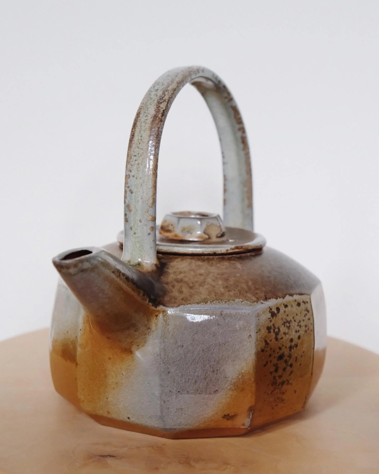 Remember that teapot? Here&rsquo;s what she looks like now covered in shino glaze and wood ash ✨