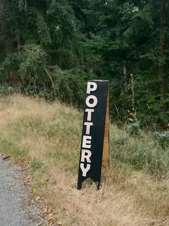 Yellow cedar (roasted) and stoneware. I treated myself to an air compressor and glaze sprayer and am super happy with the smooth finish on the letters. #babysfirstaircompressor 

Roadside stand open August 24th 💕