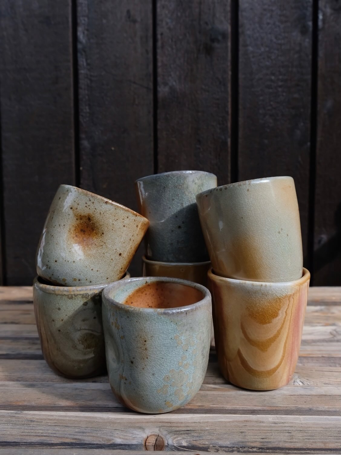 3 pinch cups and 4 square tumblers from the wood kiln. All one of a kind; impossible to recreate.