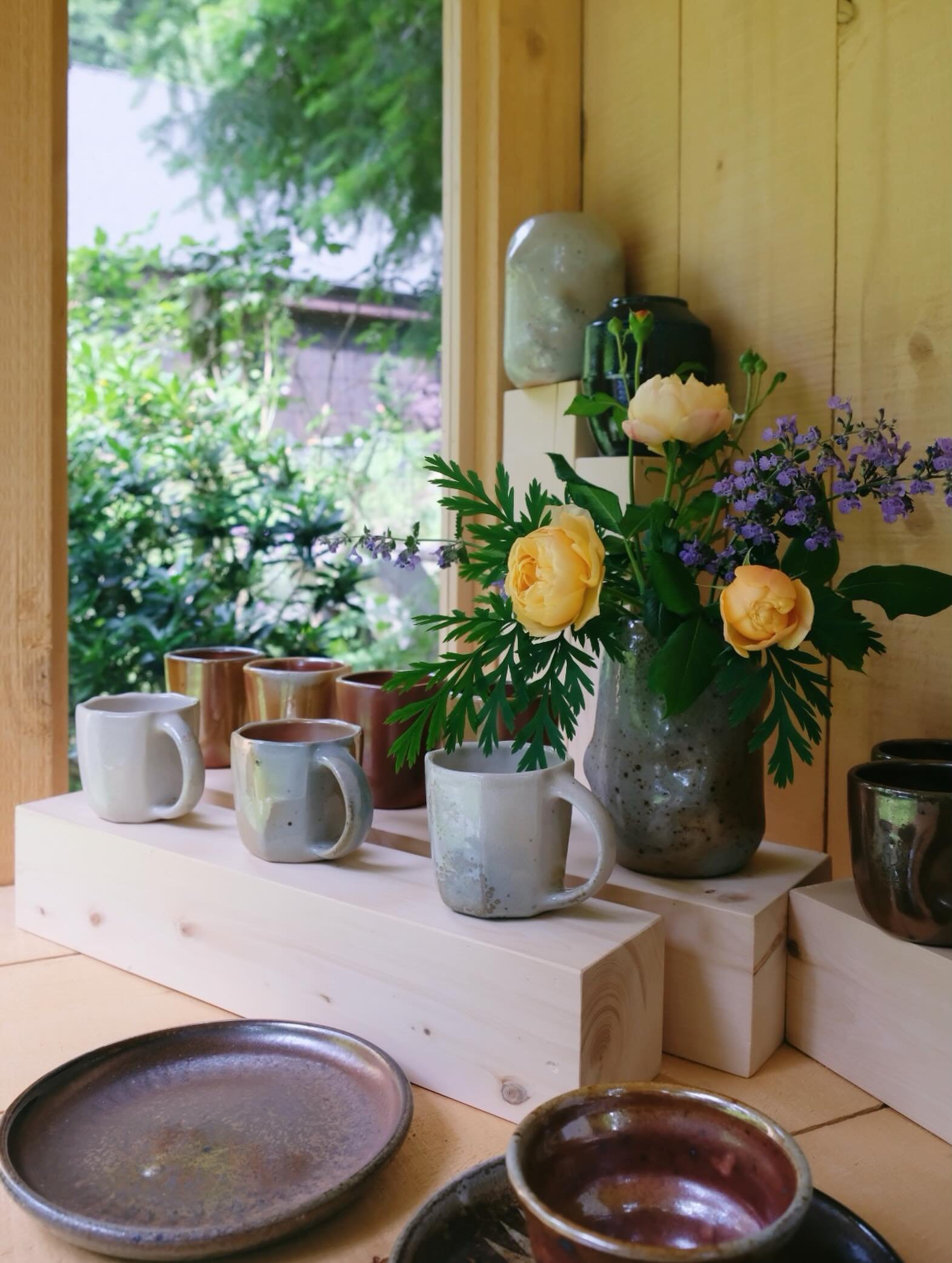 Wood fired treasures in the stand, free flowers with vase🌱