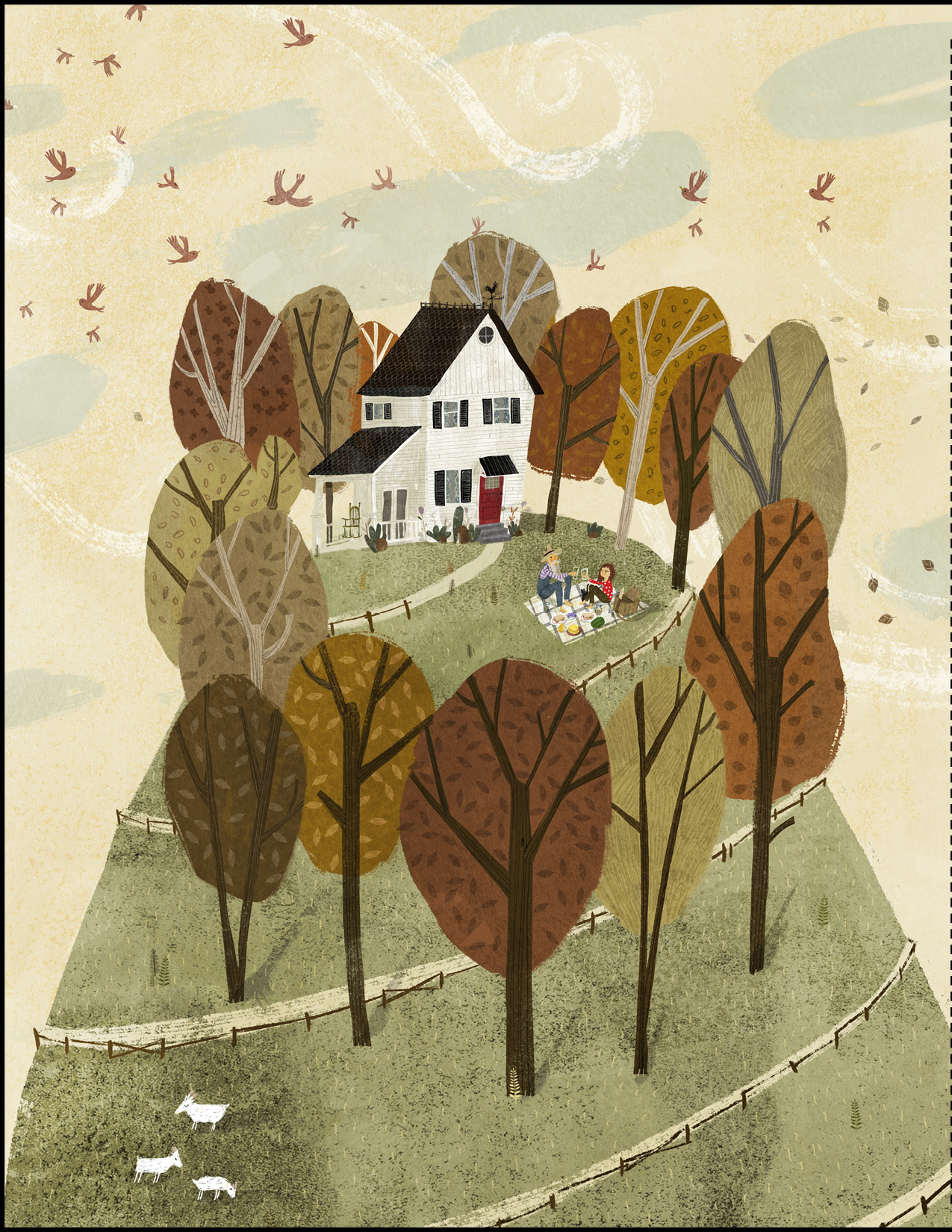 Illustration from the book that features protagonist Kate and an elderly man enjoying a picnic at the top of a hill next to a house surrounded by trees. The sky is windy and filled with birds.