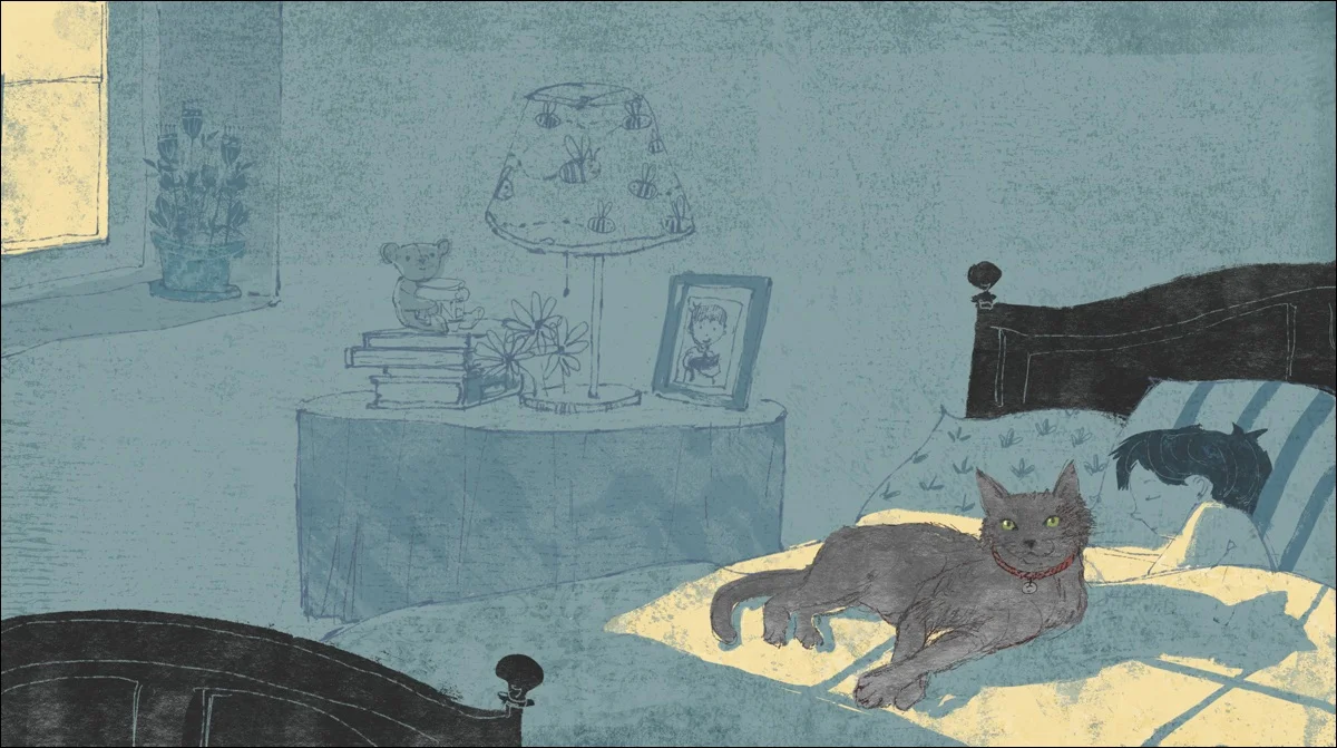 Illustration of a Russian Blue kitty from The Maine Coon's Haiku . By Lee White.