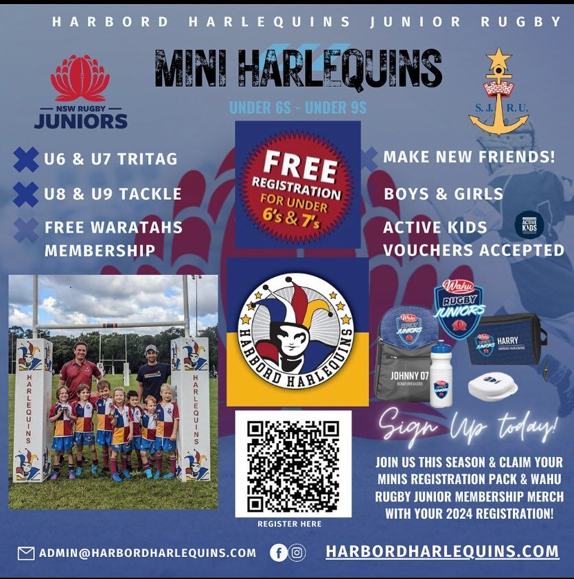 Boys &amp; Girls aged 5-9 years old &ndash; Harbord Harlequins Junior Rugby Club Wants You!
This year we&rsquo;re offering FREE REGISTRATION for our under 6 and under 7 players! Just email admin@harbordharlequins.com to get your unique code when regi