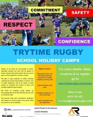 Keep the kids busy and your school holidays peaceful with TryTime Rugby camps! Book in, bring some mates and get pumped for the upcoming season.