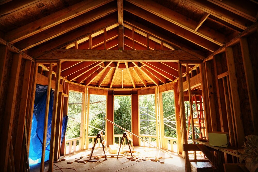 View from within a home during construction of bay window