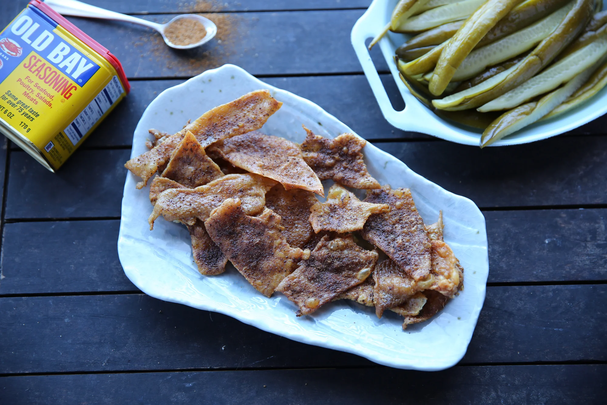 Chicken skin crackling with Old Bay.