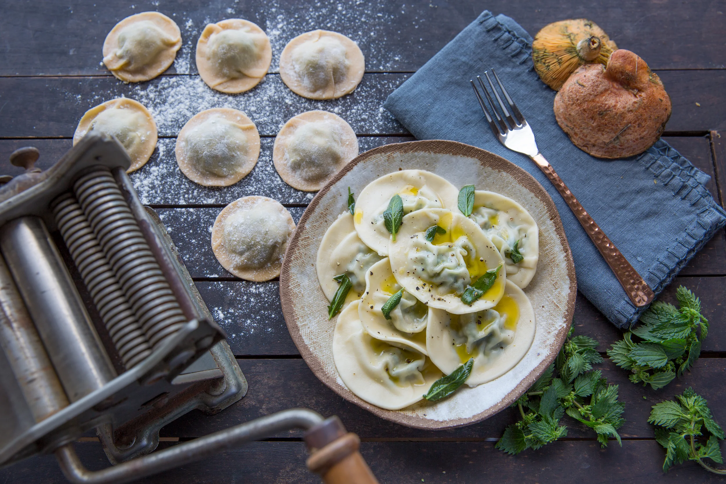 Stinging nettle and foraged mushroom ravioli with sage butter.