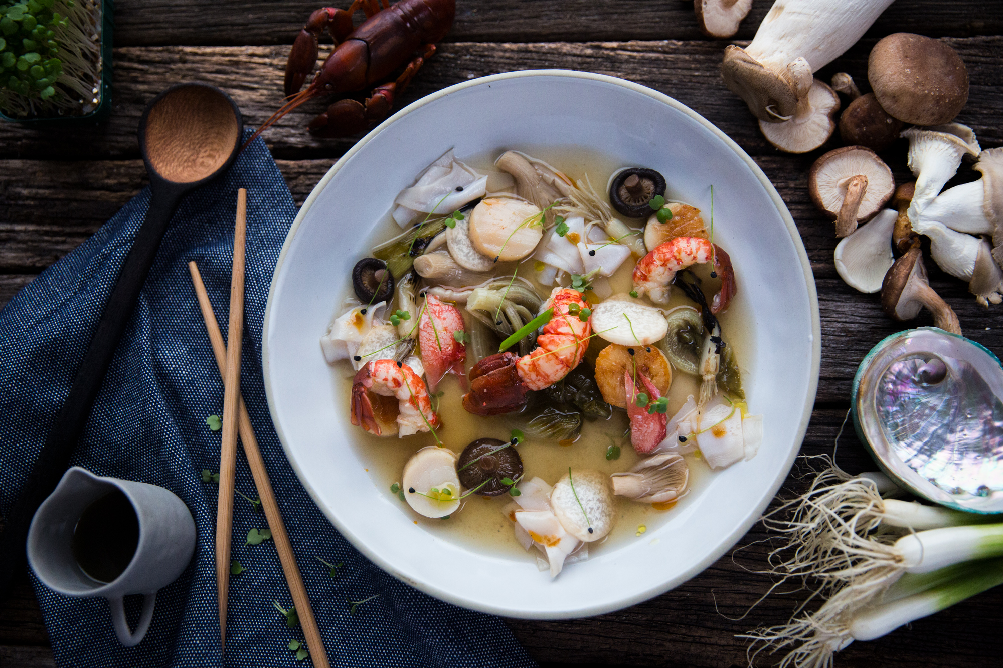 Mushroom dashi with abalone, yabbie, scallop and lettuce braised in oyster juice. February 2017.
