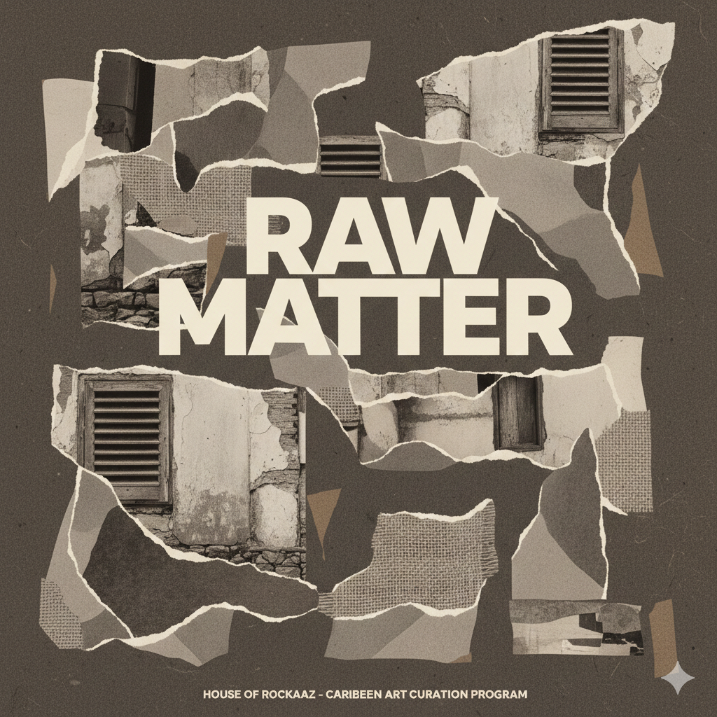 Affiche RAW MATTER en collage de textures : fragments d'architecture caribéenne avec persiennes, papiers déchirés et formes organiques sur fond brun, typographie bold blanche, House of Rockaaz