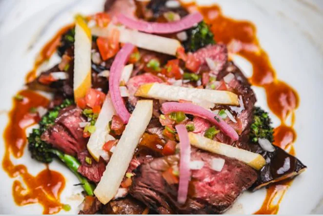 Grilled Skirt Steak with Asian Pear, Broccoli, and Shiitake Mushrooms
