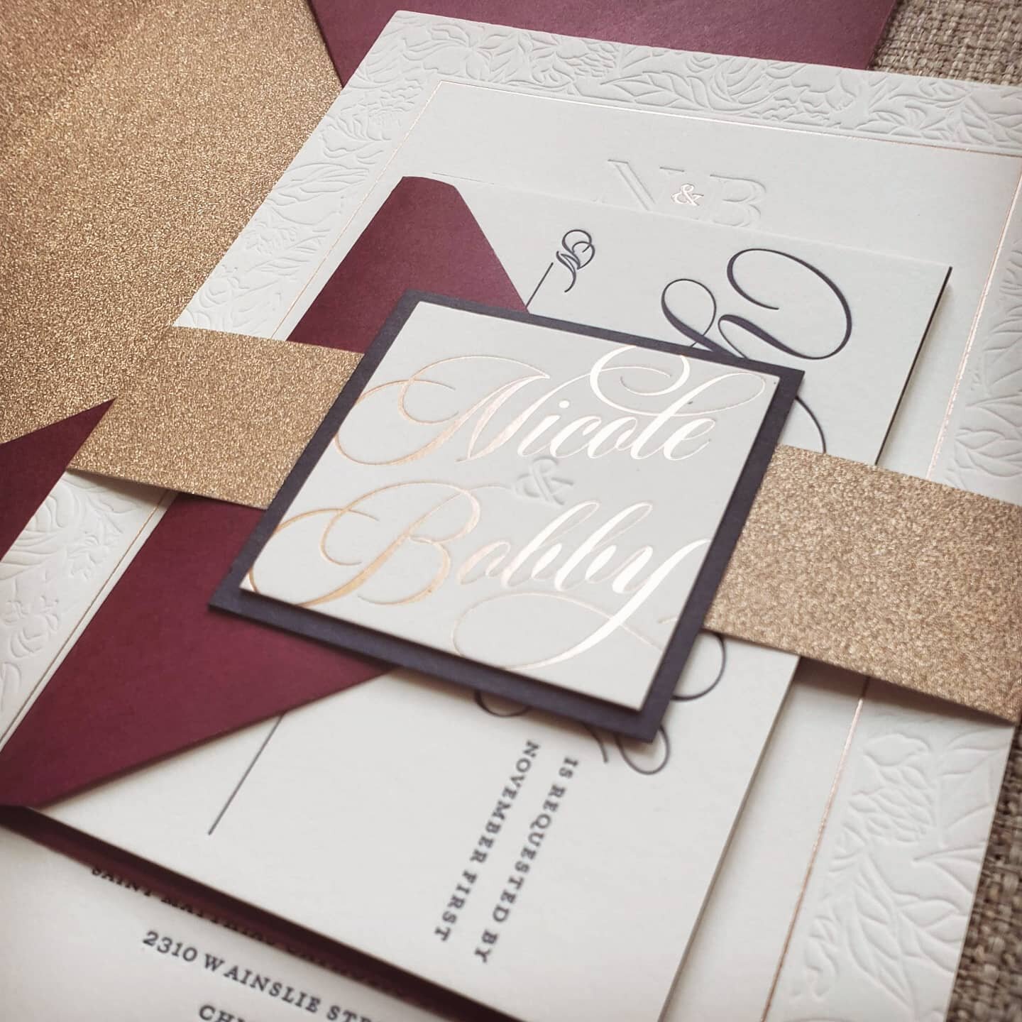 Happy one year anniversary to Nicole &amp; Bobby!  We are still so in love with their stunning invitation suite. It's a triple (printing) threat: Navy Letterpress, Rose Gold Foil Press, &amp; Blind Emboss Press!  So many beautiful textures and colors