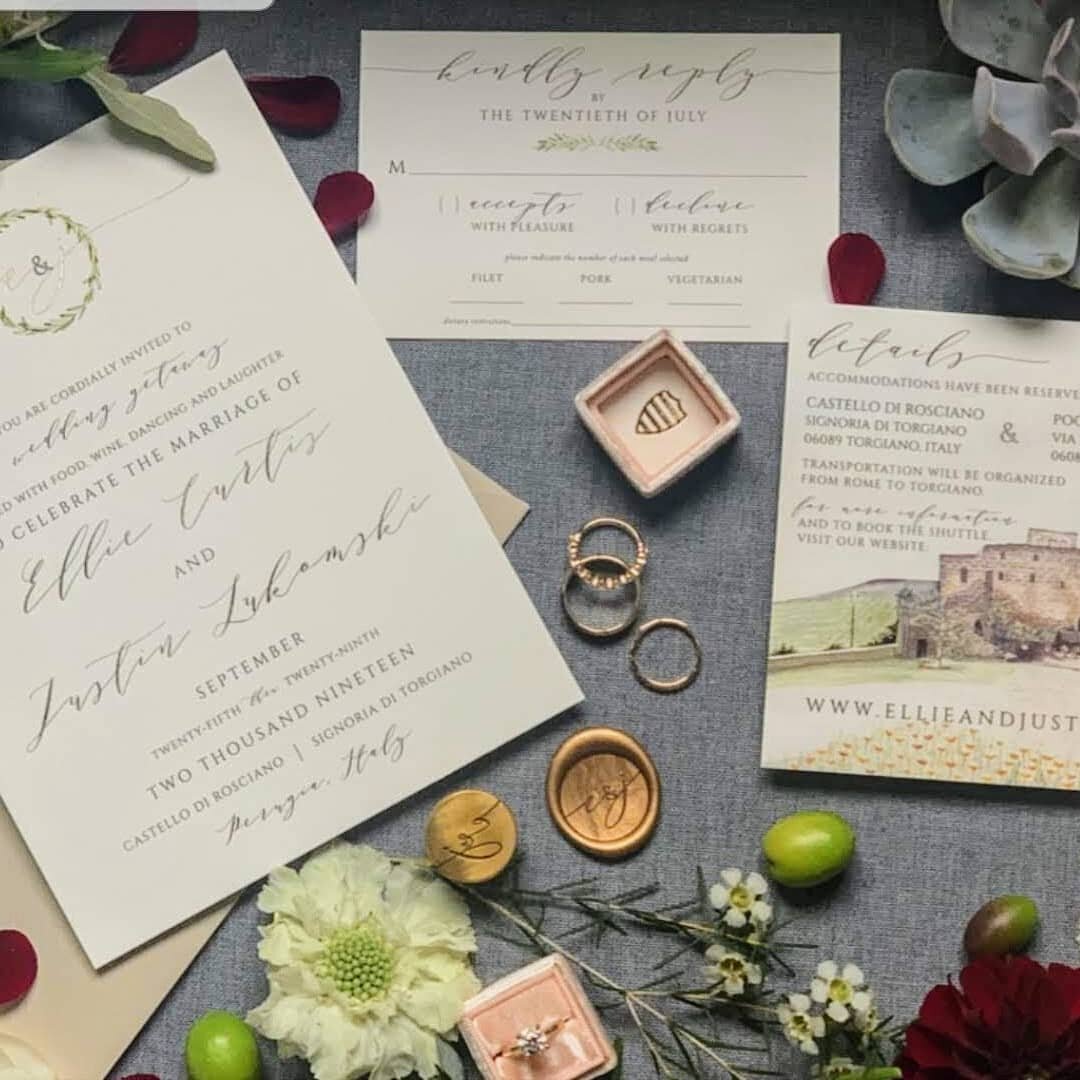 Every single detail of Ellie and Justin's Italian wedding was a DREAM!  From the custom wedding invitation suite, with a hand-painted watercolor from the bride's Aunt, to the individual guest dinner menus, and the 8 page welcome books with details of