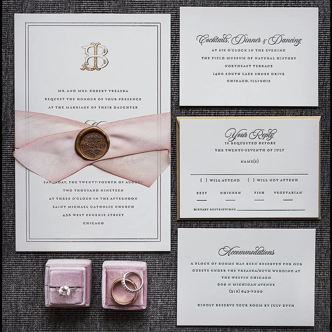 Timeless and Classic. A foil and letterpress invitation suite with a modern flair. Adorned with hand-dyed raw silk ribbon and gold wax seal.