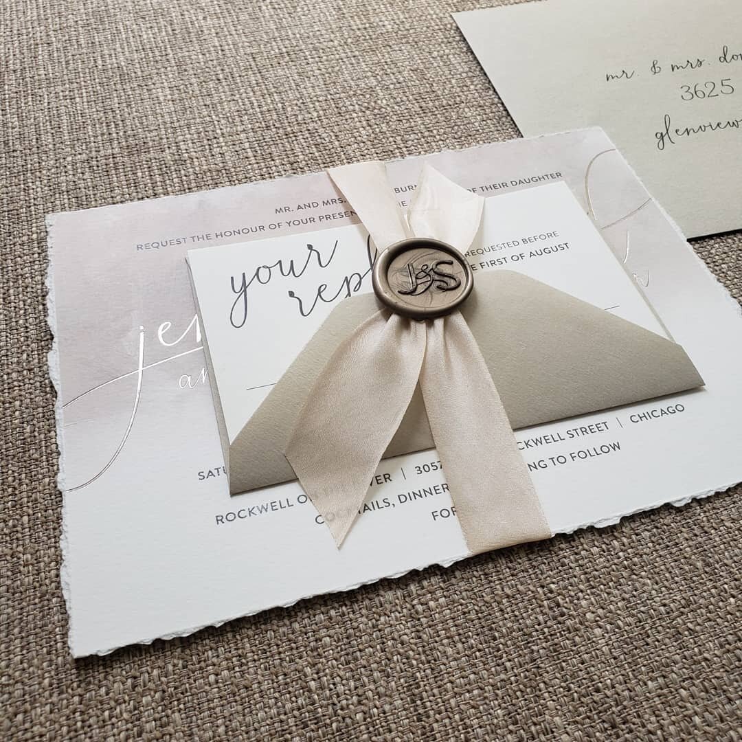 Happy wedding day to Jenny &amp; Sam! 
We loved designing their custom wedding stationery! Over 200 hand torn invitations, custom wax seals,  silk ribbon, and a modern, ombre blush watercolor design.  The invites were just as unique as they were!! {a