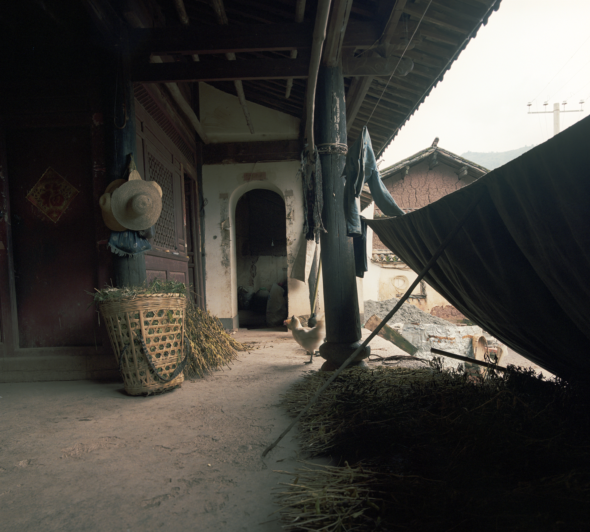 2008 Yunnan - pea harvest laying out to dry on a porch off the courtyard of another 'big house'.