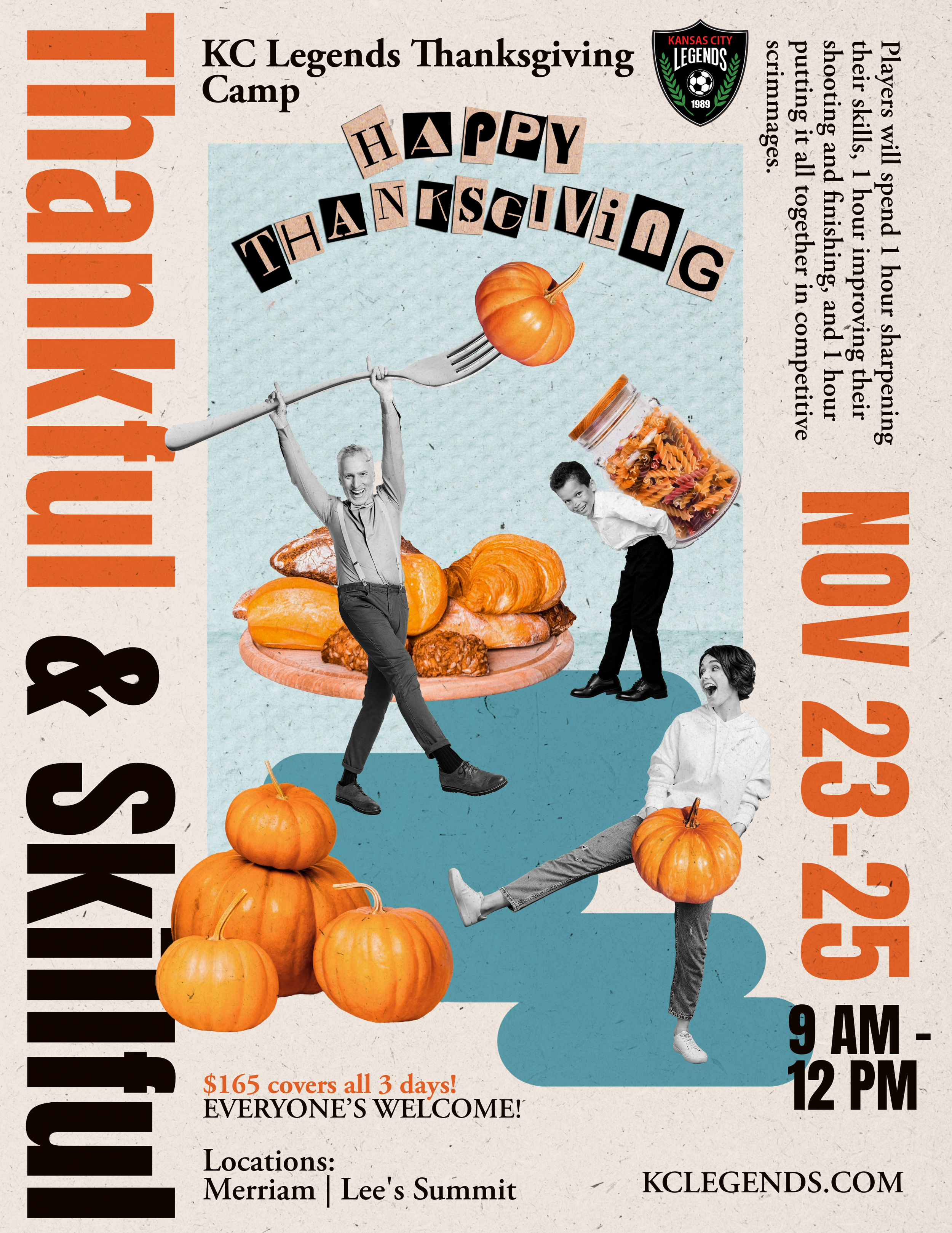 KC Legends Thanksgiving Camp flyer: November 23–25, 9 AM–12 PM, $165 for all 3 days, Merriam and Lee’s Summit locations
