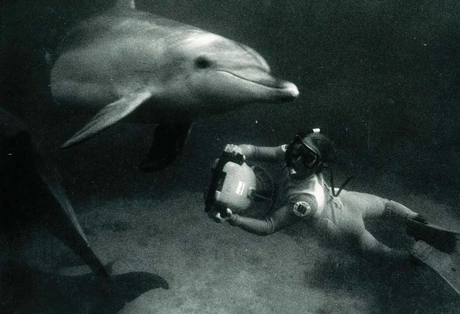 Terry-bw-with-dolphins-underwater.jpg