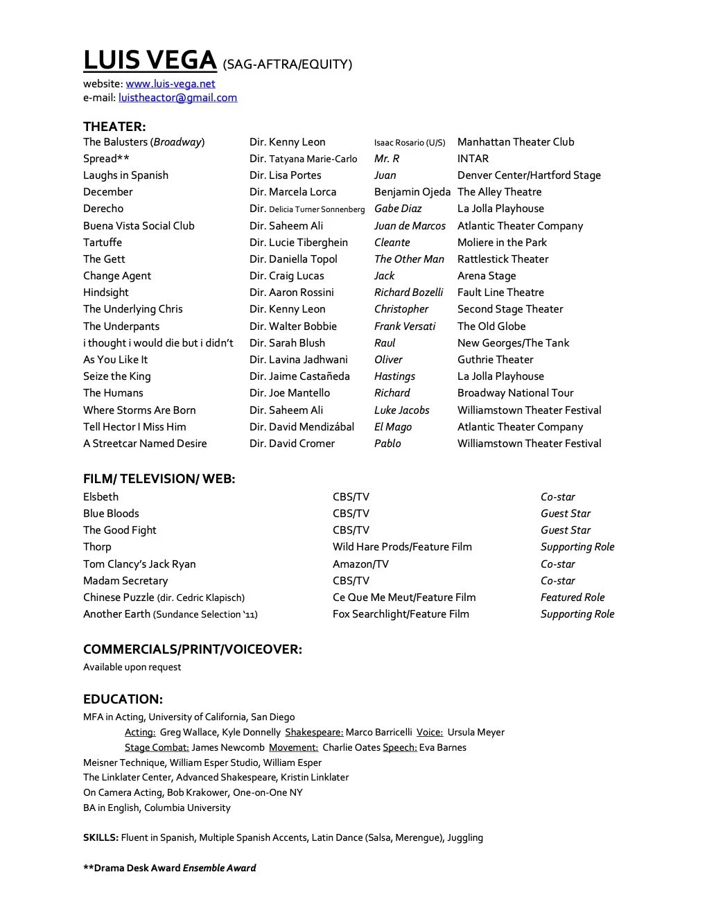 Luis Vega Acting Resume