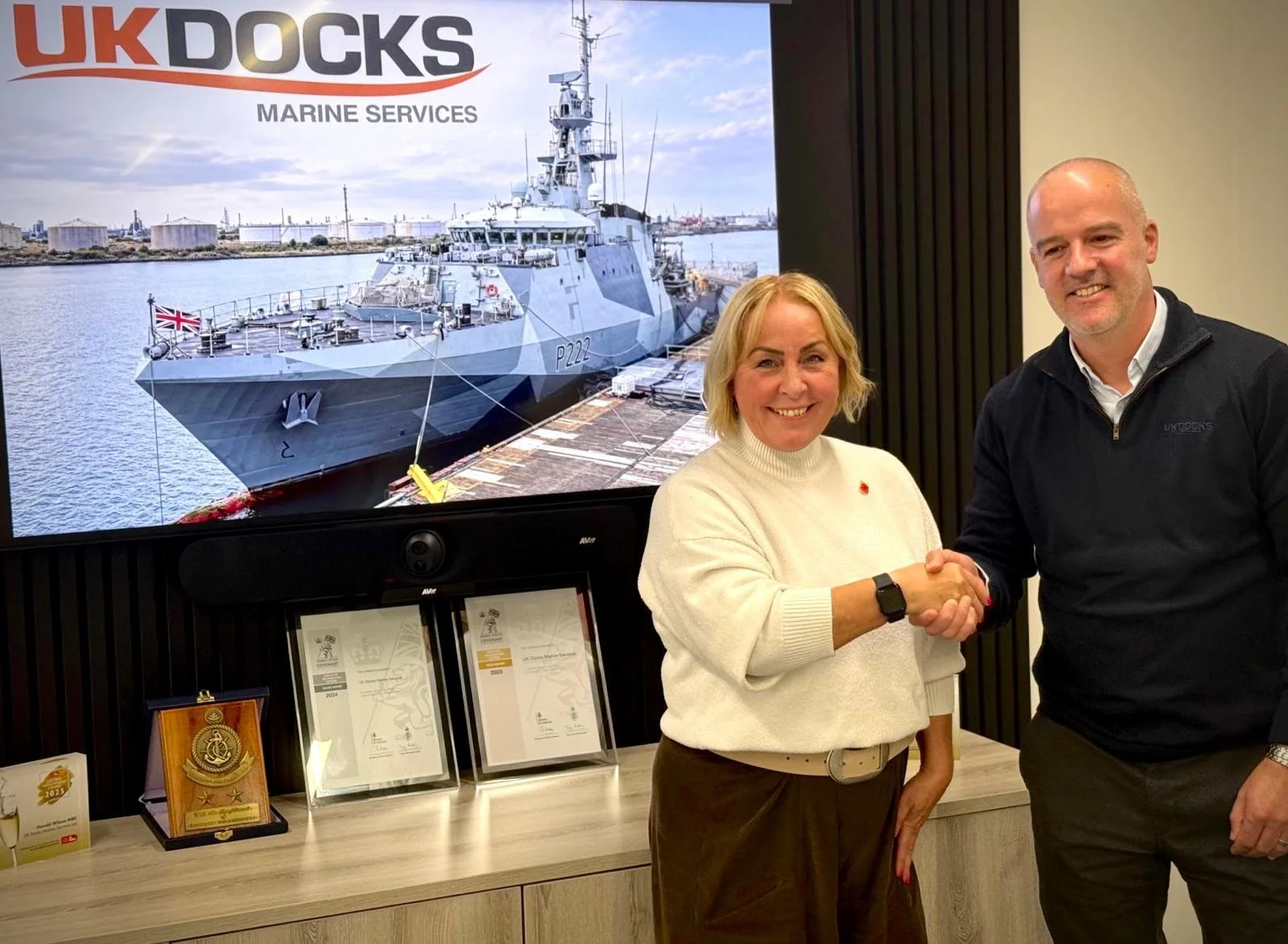 UK Docks Marine Services appoints Lesley Hawke MIEx as Defence Programme and Partnerships Manager. Lesley is pictured with UK Docks managing director, Jonathan Wilson.