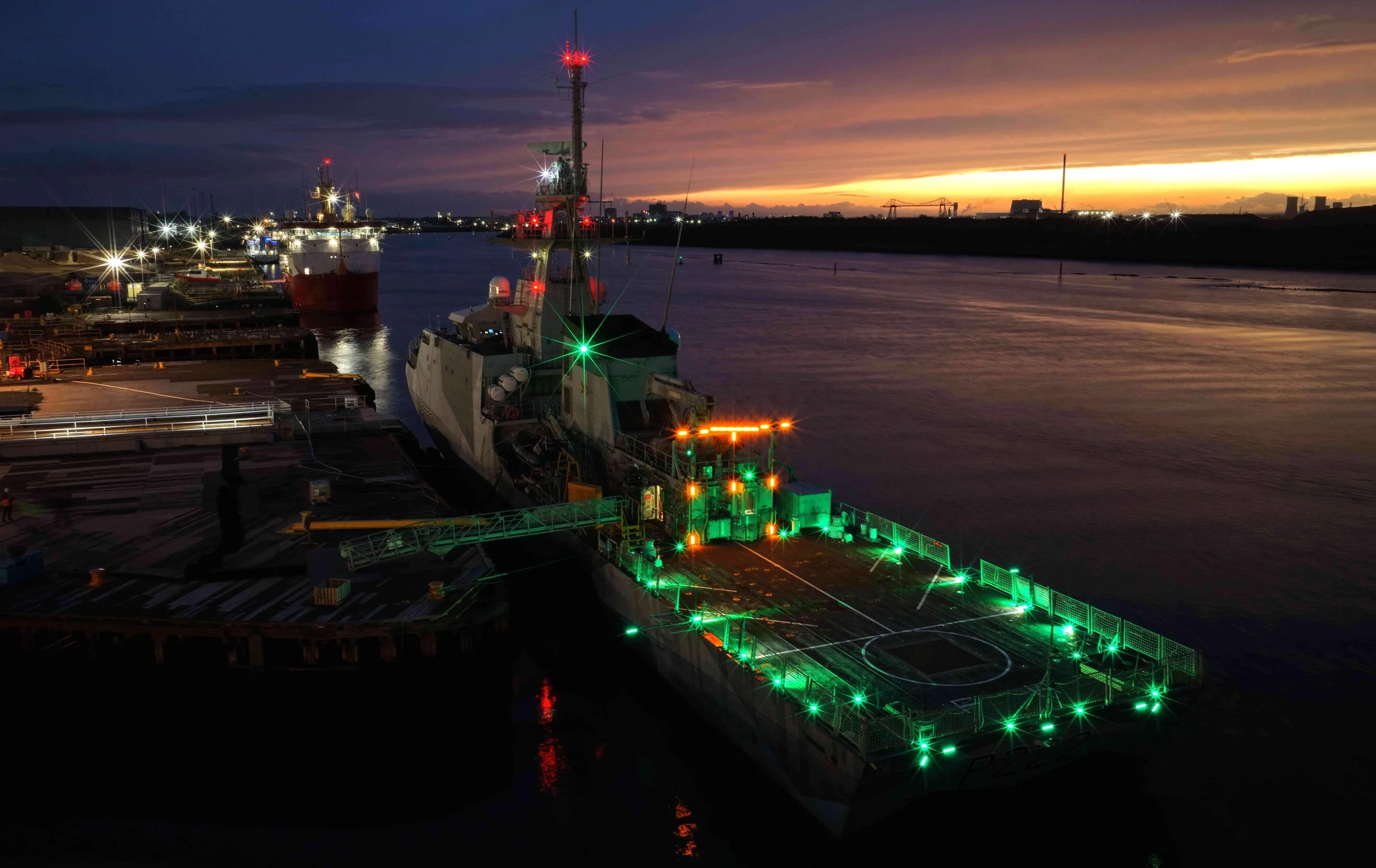 HMS Forth's new helicopter landing system in action as installed by the partnership of UK Docks Marine Services, Glamox and du Pre Marine.