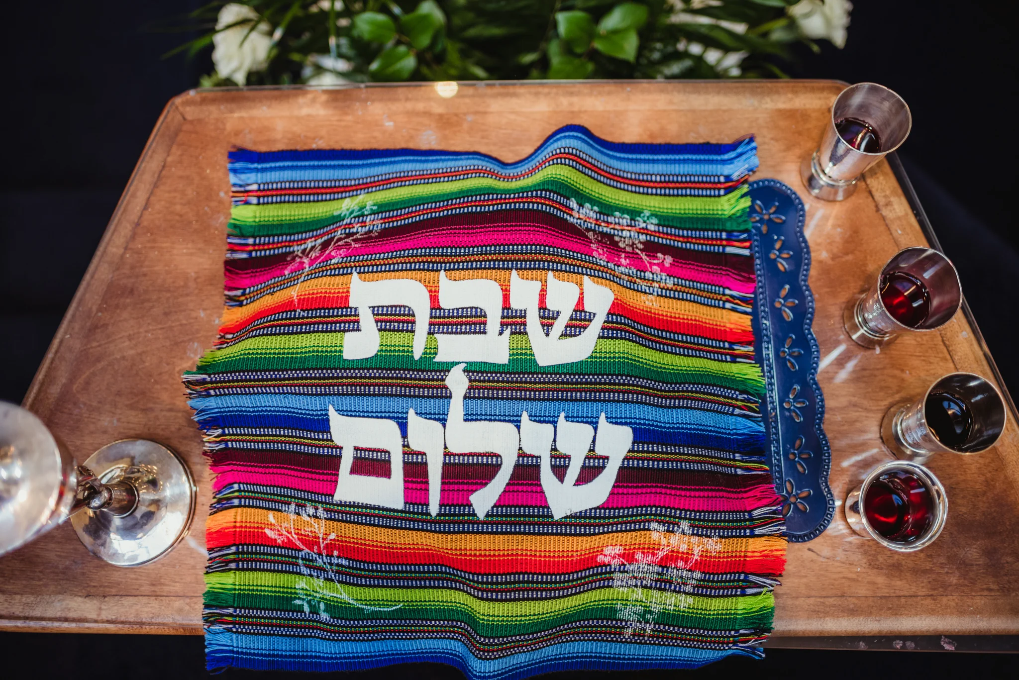 The challah bread and the wine in their kiddush cups are all placed and ready for the bar mitzvah ceremony at Temple Beth Or in Raleigh.