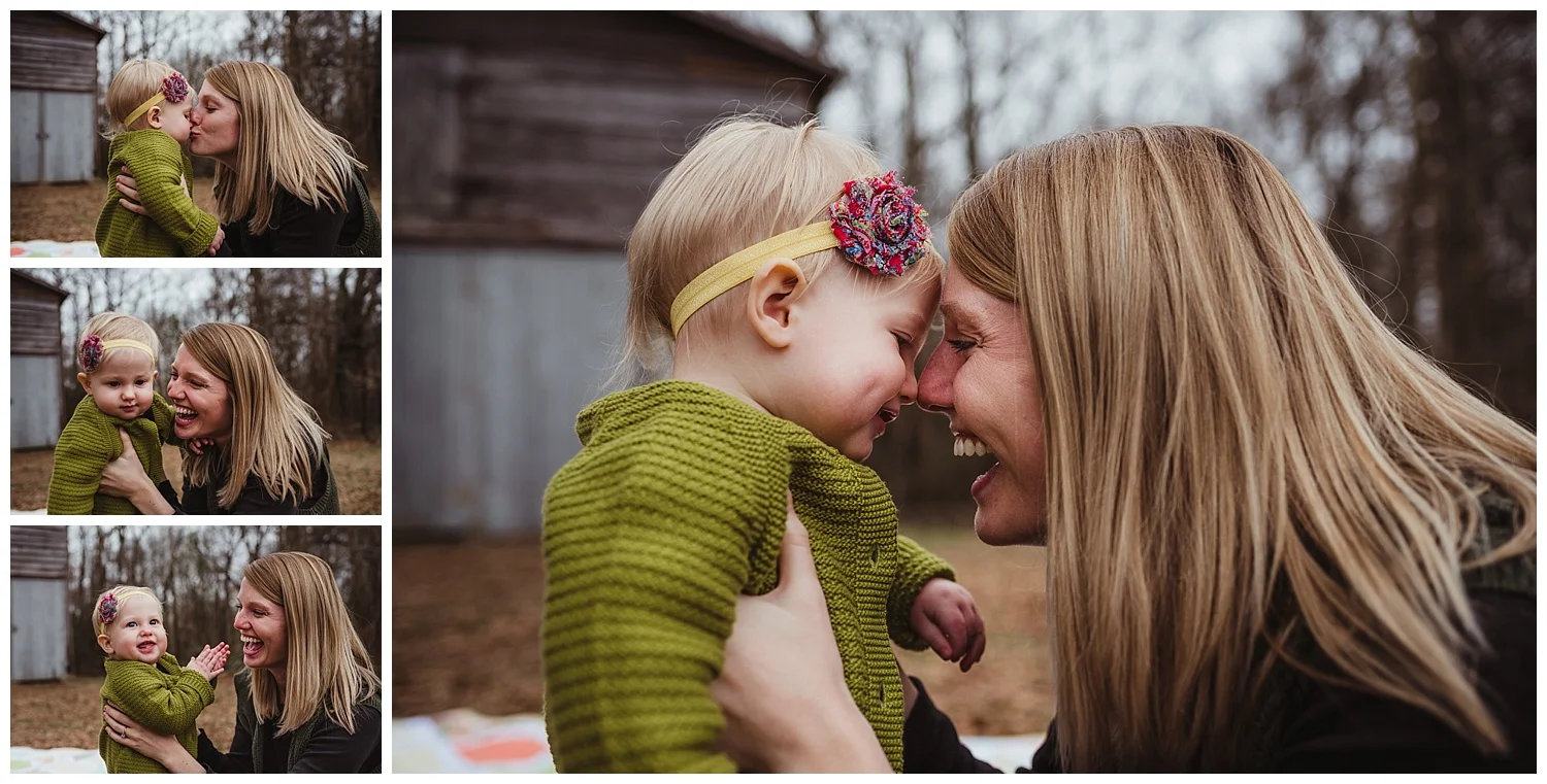 Mommy and her baby daughter share nose kisses and laughs during their family photo shoot with Rose Trail Images in Wake Forest, North Carolina.