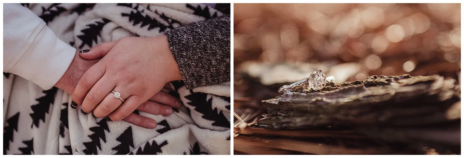 Her engagement ring, a beautiful diamond with a band that looks like tree bark, gets a close up during their engagement shoot at Durant Nature Park in Raleigh with Rose Trail Images.