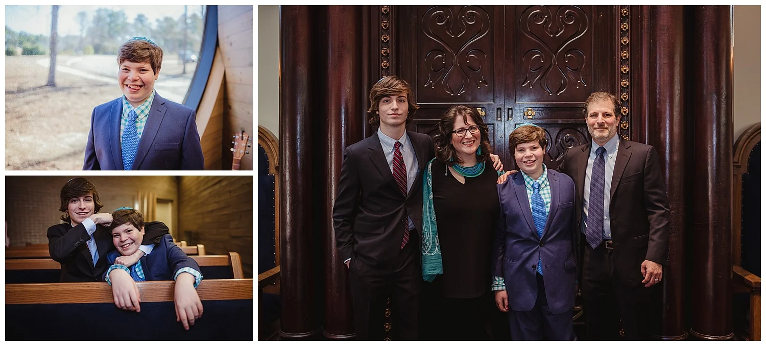 The family poses with the Bar Mitzvah boy at Temple Beth Or in Raleigh, NC for Rose Trail Images.