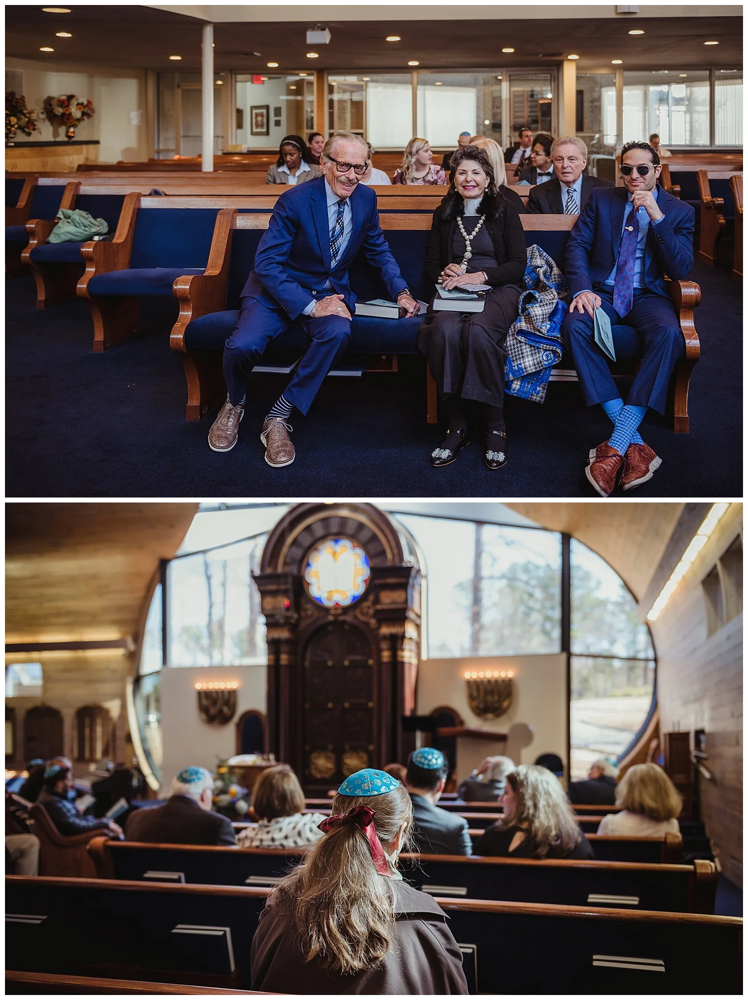 Family waiting in the sanctuary before the ceremony of Andrew becoming bar mitzvah at Temple Beth Or in Raleigh, NC. 