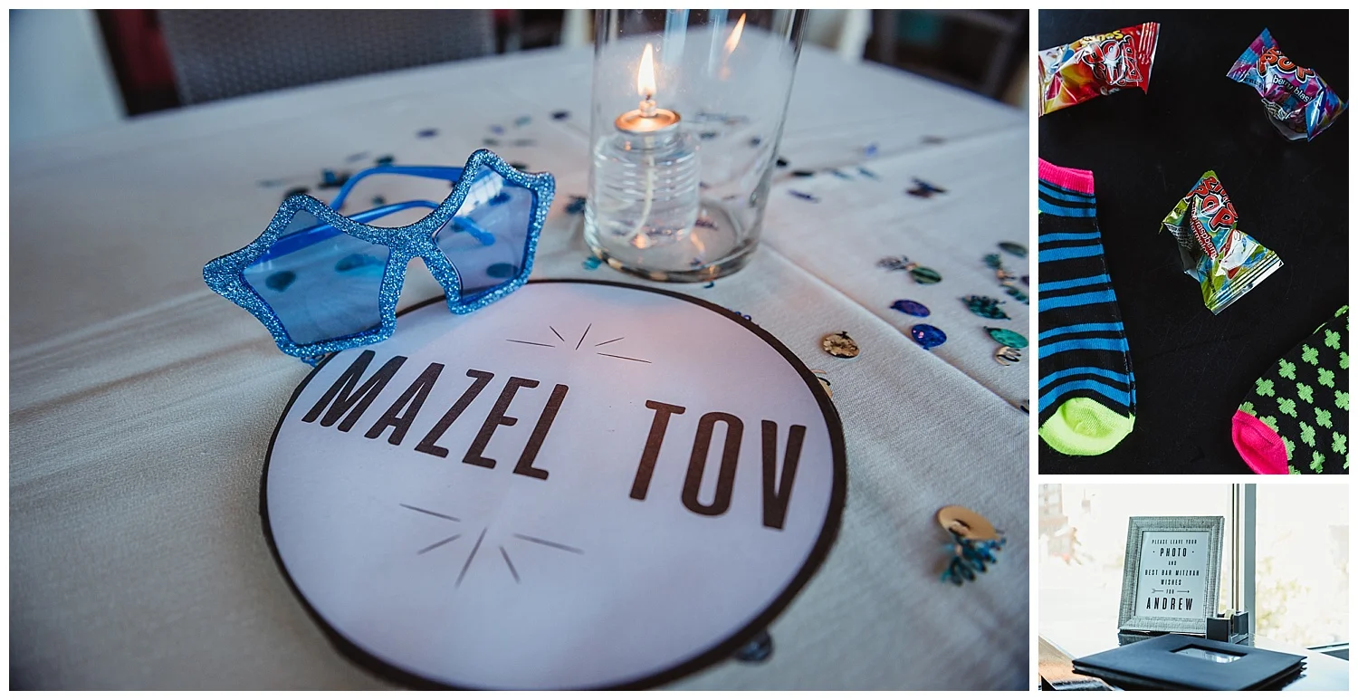 Details, such as fun glasses, a photo book, ring pops and bright socks help make the mitzvah celebration unique at Solas Nightclub in downtown Raleigh, NC.
