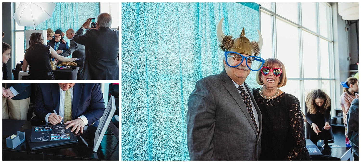 Friends and family pose for the photo booth during the mitzvah celebration at Solas nightclub in downtown Raleigh, NC. 