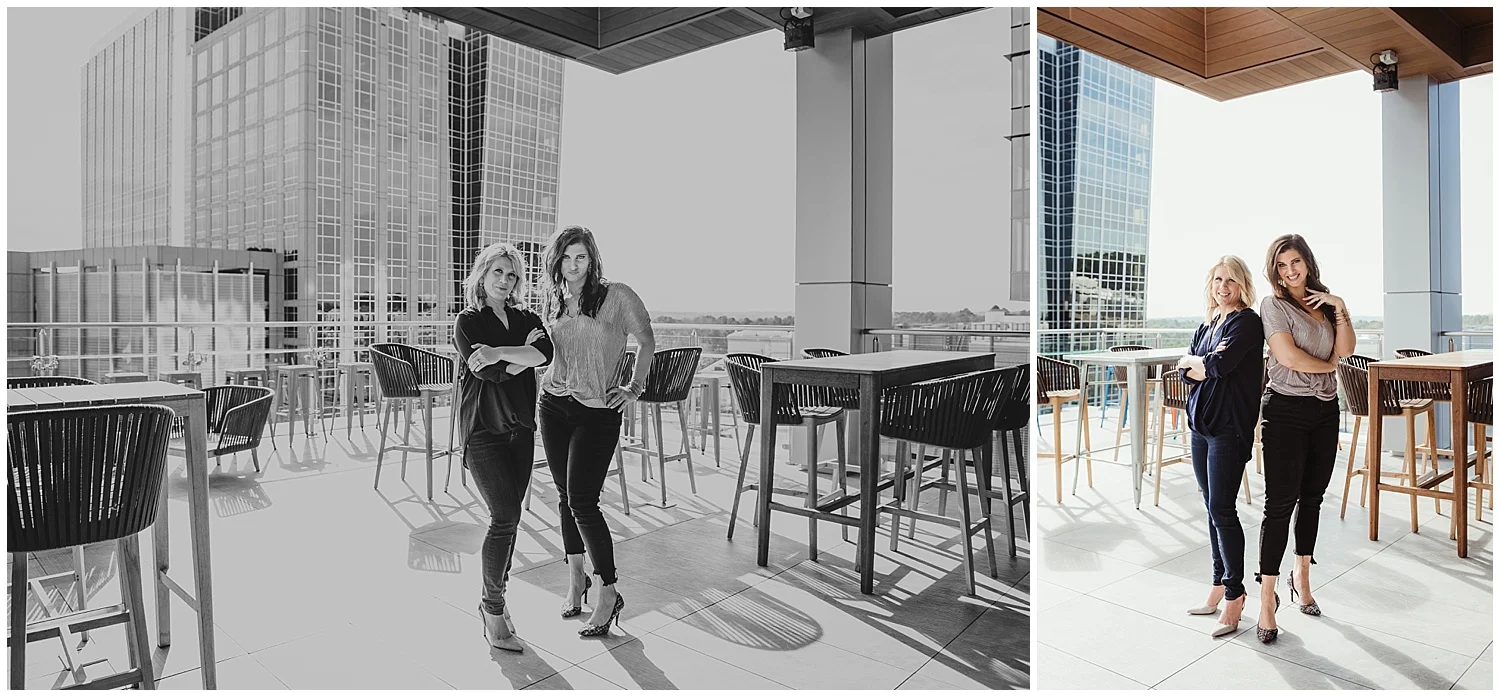 Sarah and Liz from Metro's Other Woman stand outside on the roof for head shots and branding photos with Rose Trail Images at Level7 Rooftop Bar in Raleigh, NC.