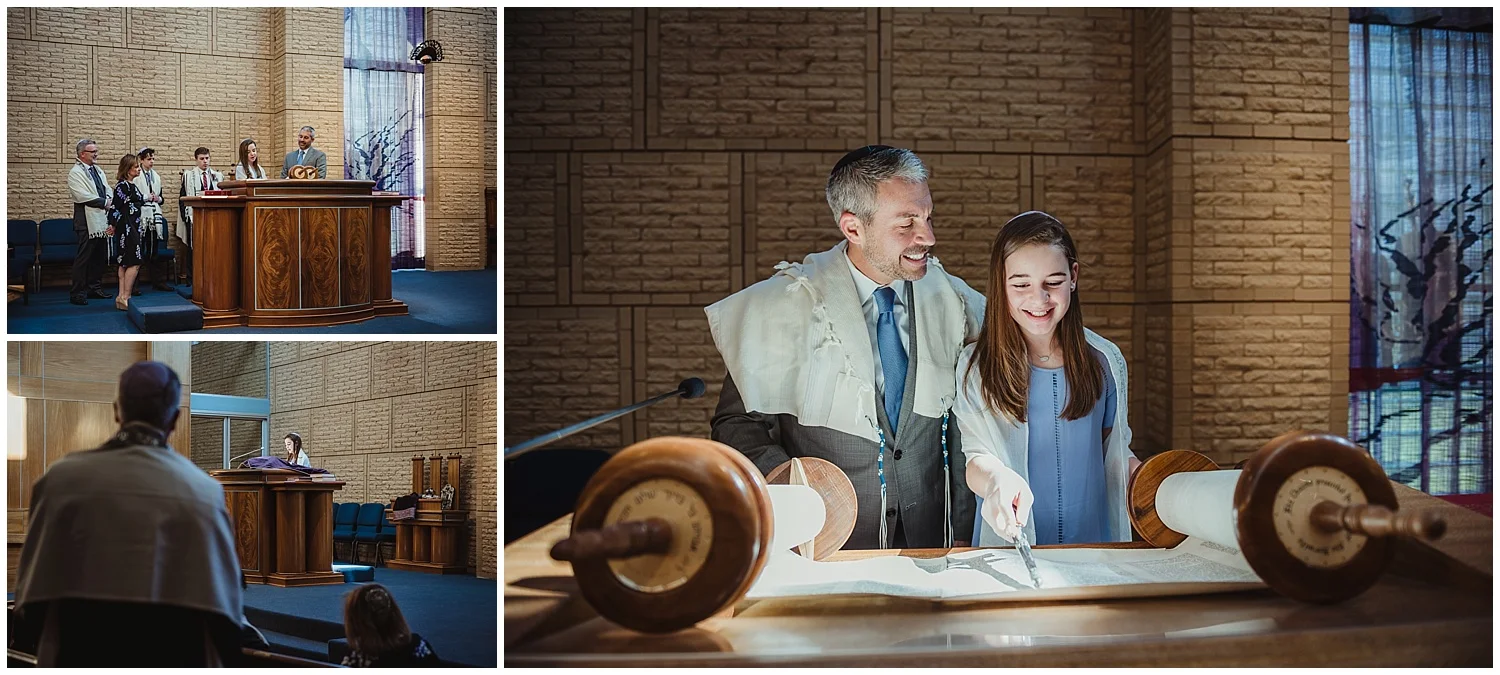 The Mitzvah girl practices her Torah portion with the Rabbi while on the bema at Beth Meyer Synagogue in Raleigh, NC.