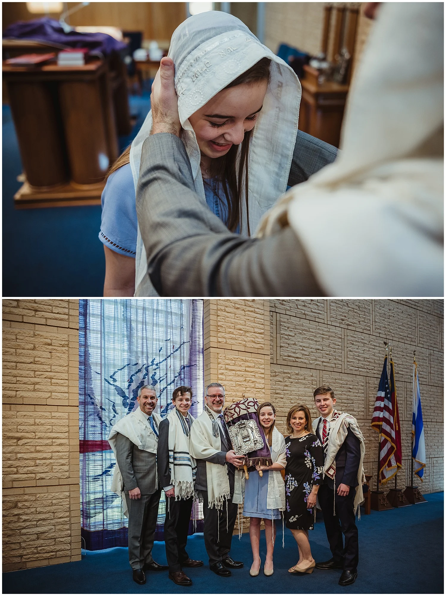 The rabbi gives his blessing while the family stands with the Torah in front of the ark at Beth Meyer Synagogue in Raleigh, NC.