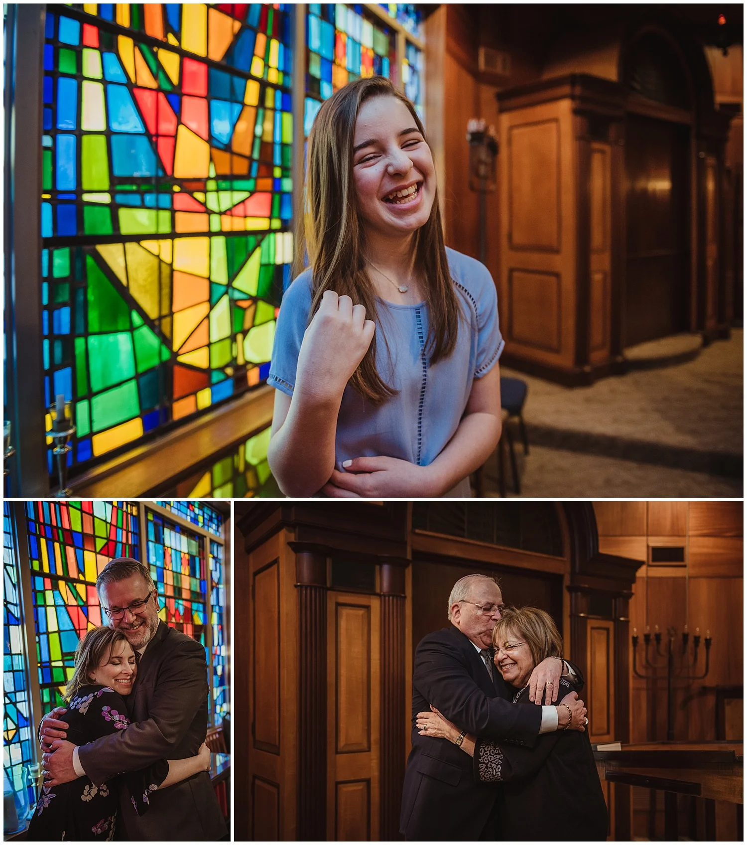 The Mitzvah girl and her family pose for pictures with Rose Trail Images in front of a very colorful stained glass window at Beth Meyer Synagogue in Raleigh, NC.