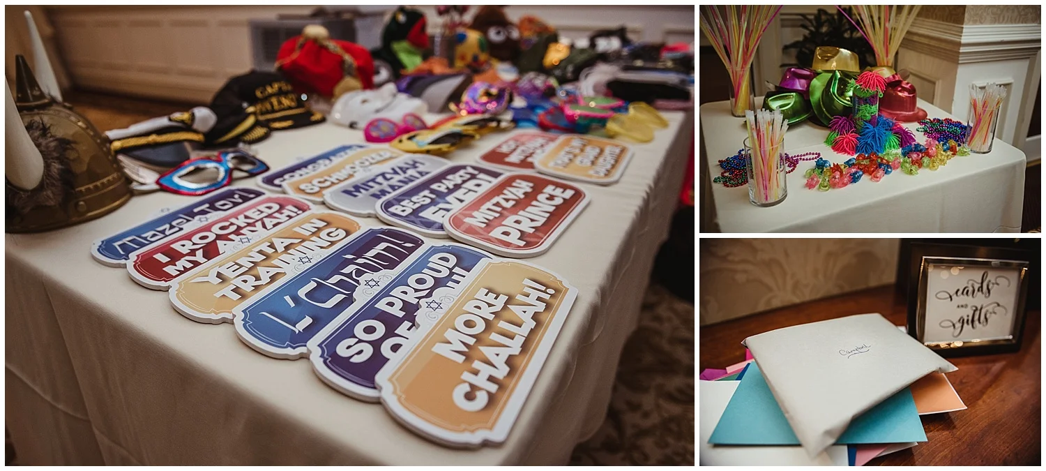 More details of the mitzvah reception include photobooth props, glow sticks, and the card table at the Brier Creek Country Club in Raleigh, NC.