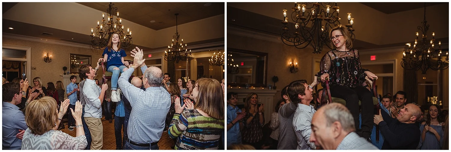 Both the Mitzvah girl and her Mom get up on a chair during the hora at the mitzvah reception party at Brier Creek Country Club in Raleigh, NC.