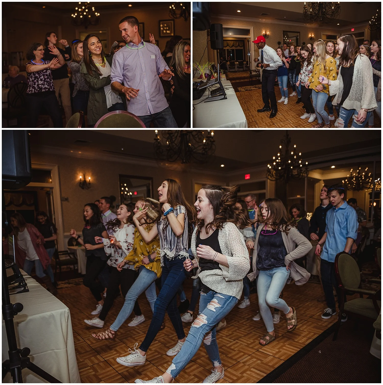 Guests dance with the DJ during the mitzvah reception party at the Brier Creek Country Club in Raleigh, NC.
