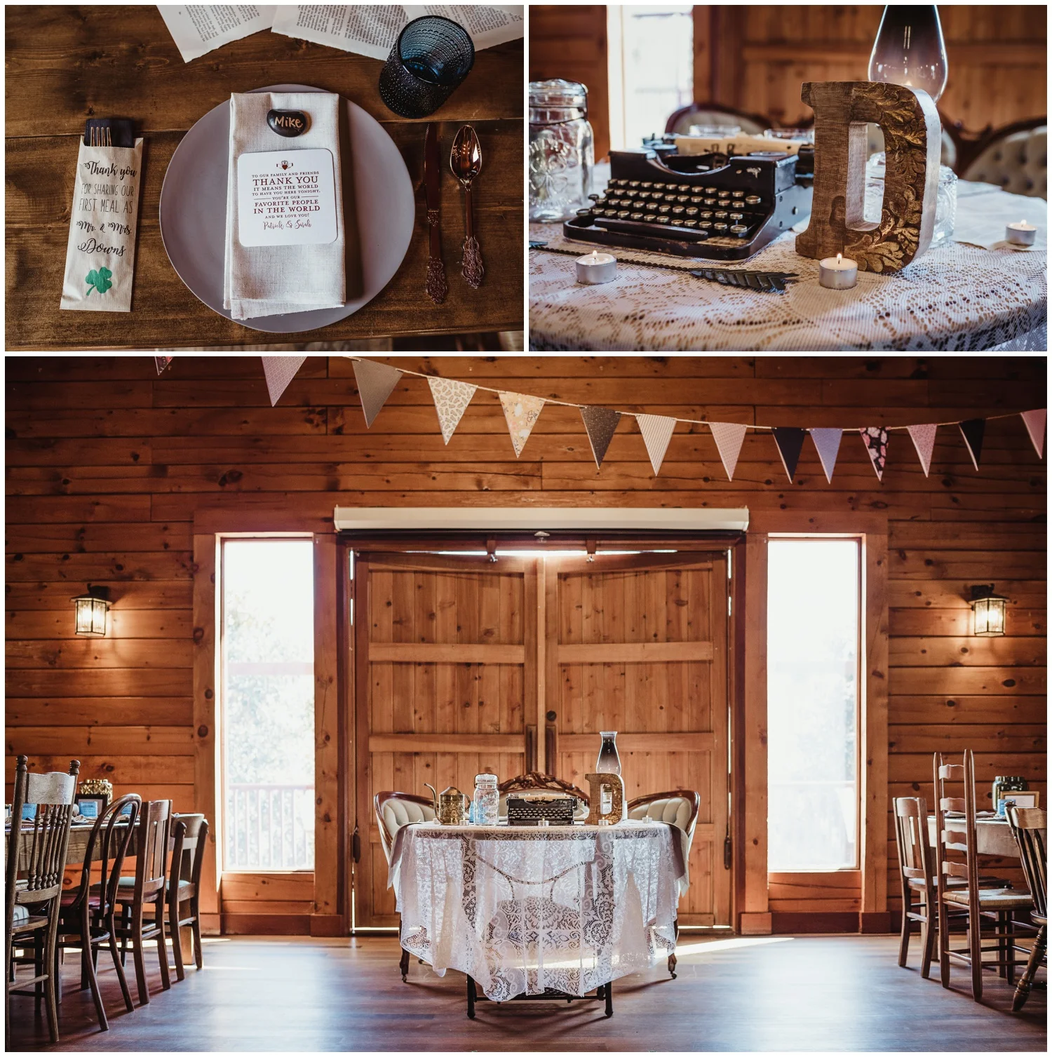 Wedding details, such as typewriters, candles, and place settings are photographed by Rose Trail Images at the Barn of Valhalla in Chapel Hill.