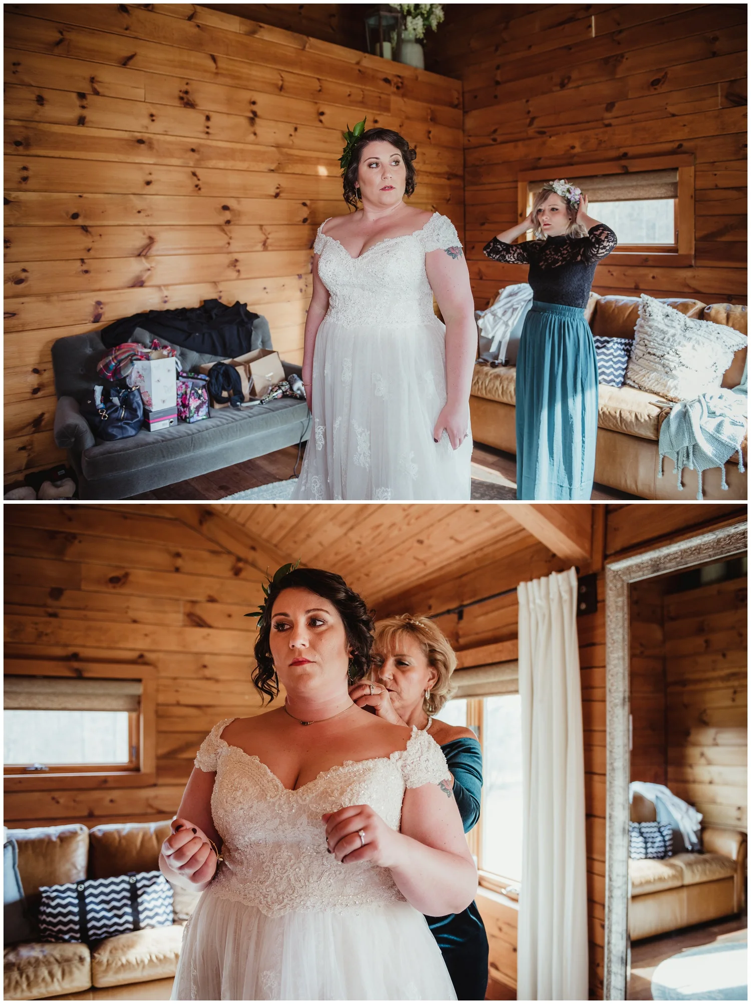 The bride getting ready before her wedding day with her bridesmaids and Mother at the Barn at Valhalla in Chapel Hill, taken by Rose Trail Images.