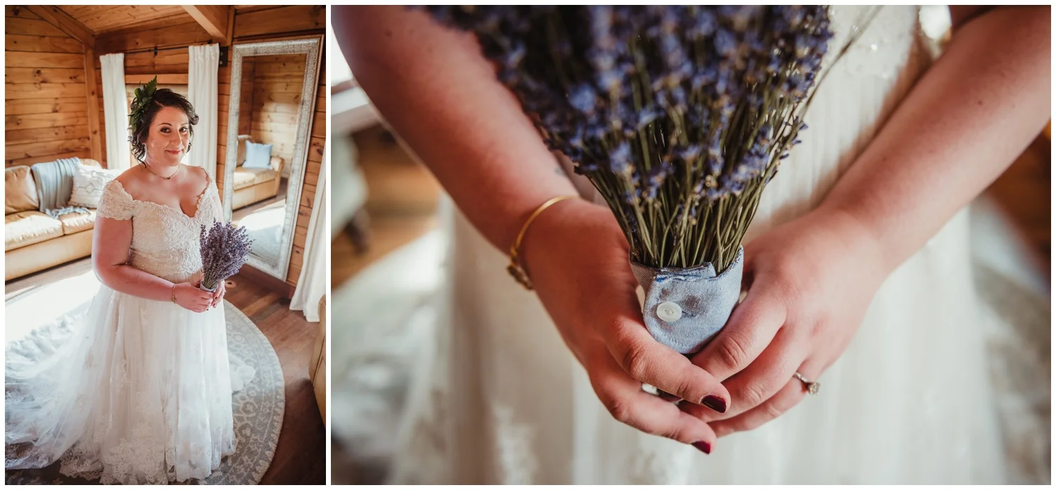 The bride posing with her lavender bridal bouquet before her wedding day at the Barn at Valhalla in Chapel Hill, taken by Rose Trail Images.