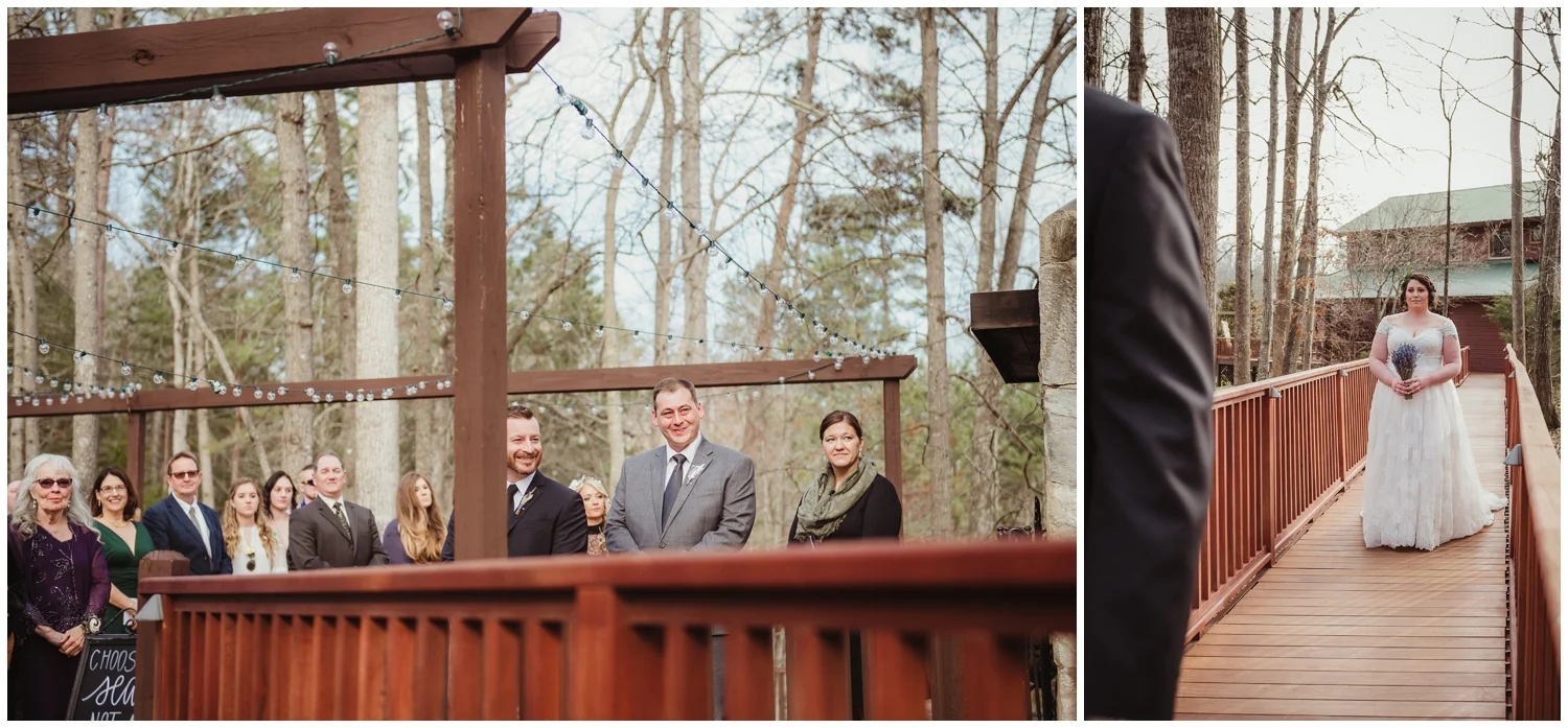 The bride and groom see each other for the first time on their wedding day for their ceremony at the Barn at Valhalla in Chapel Hill, taken by Rose Trail Images.