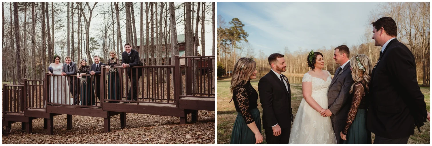 The bridal party pose together at the Barn at Valhalla in Chapel Hill, taken by Rose Trail Images.