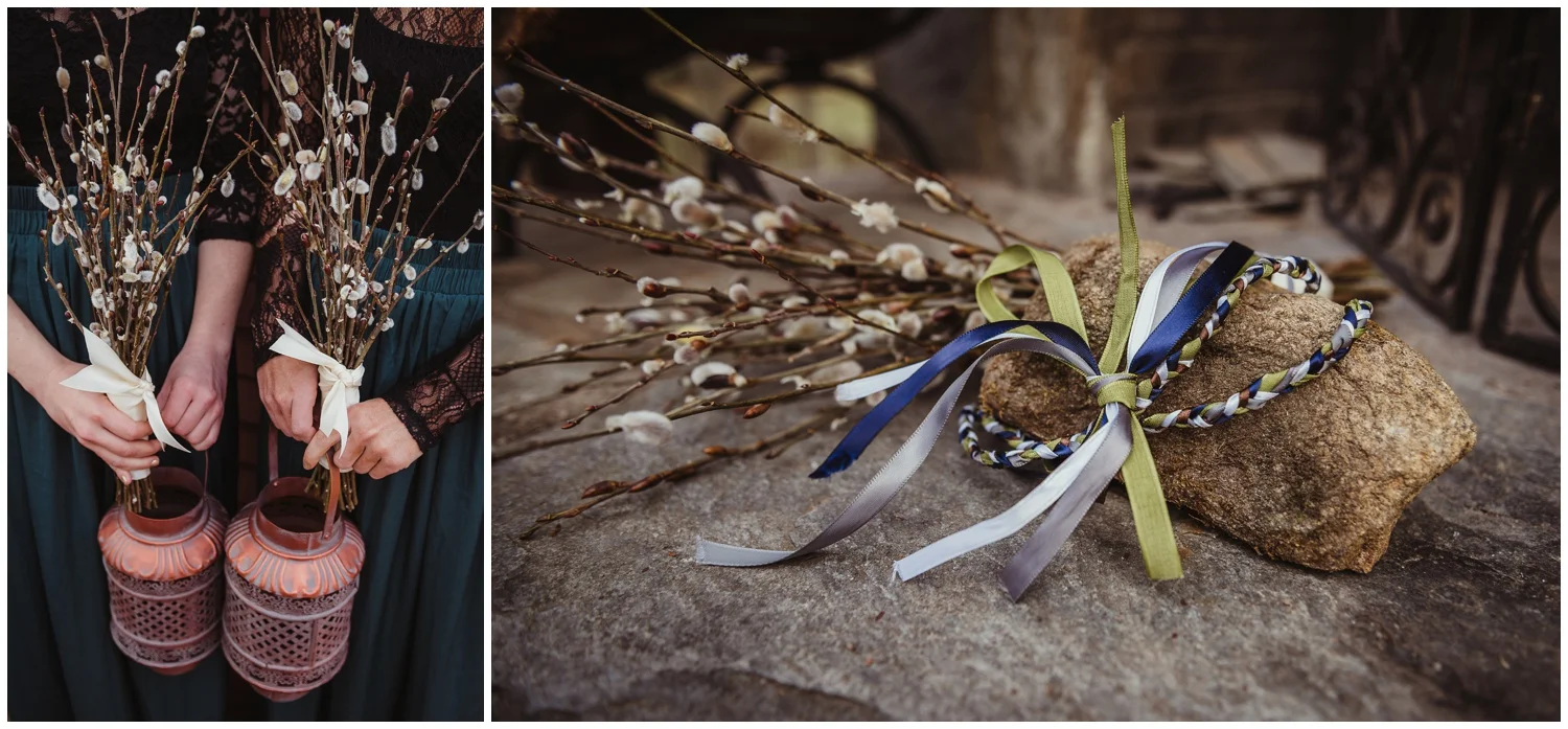 The bridesmaids carried bouquets of pussy willows and copper lanterns, while the hand-fasting ribbons were braided colors of white, blue, and green at the Barn at Valhalla in Chapel Hill, taken by Rose Trail Images.