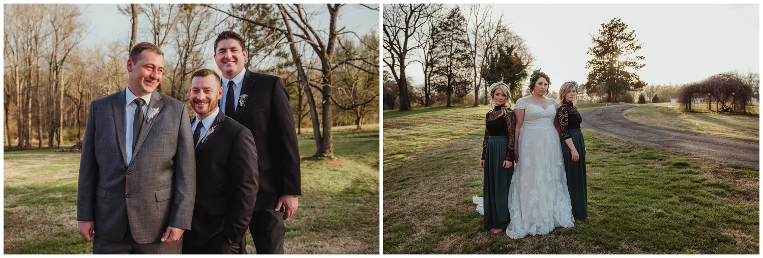 The groom posed with his groomsmen and the bride with her bridesmaids on their wedding day at the Barn at Valhalla in Chapel Hill, taken by Rose Trail Images.