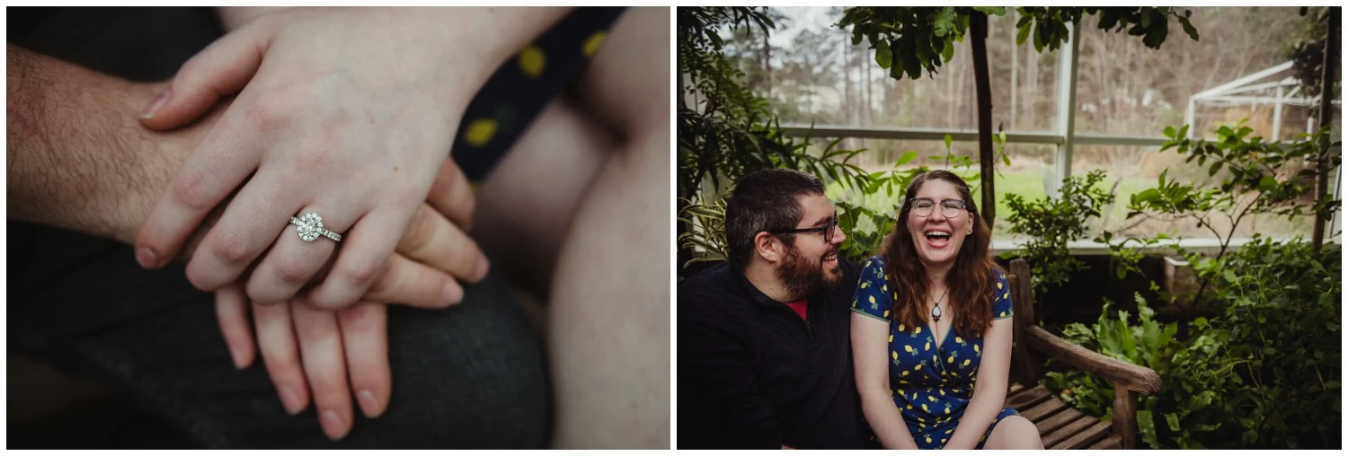 The bride-to-be shows off her beautiful diamond engagement ring during their engagement photo session with Rose Trail Images at the Butterfly House in Durham.