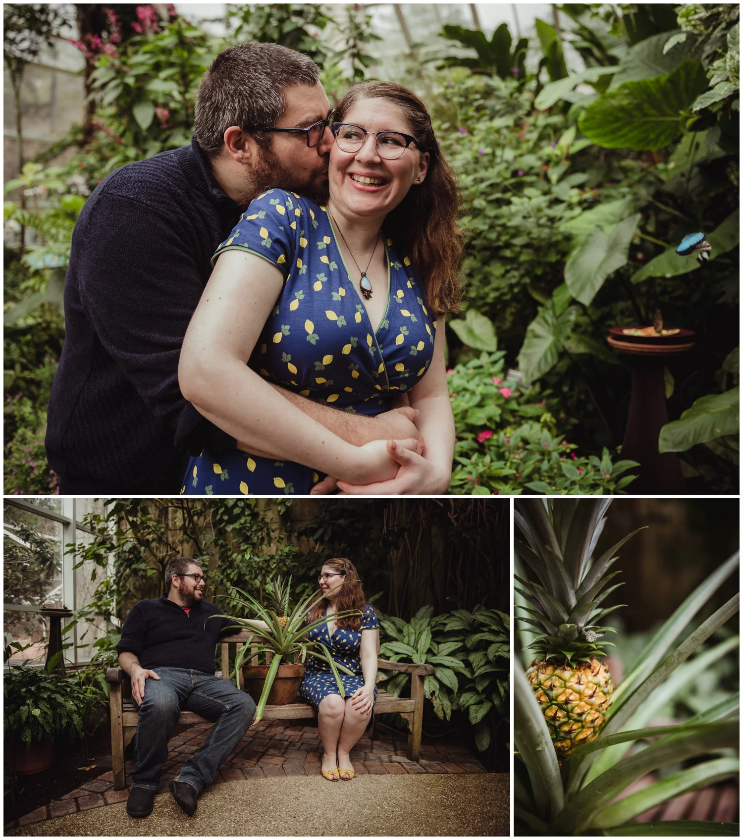 The couple take their pictures with a potted pineapple in the Butterfly House during their engagement photo session with Rose Trail Images in Durham, NC.