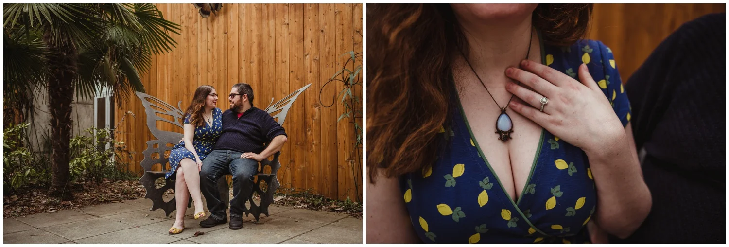 The couple sit on a butterfly bench outside the Butterfly House during their engagement photo session with Rose Trail Images in Durham, NC.