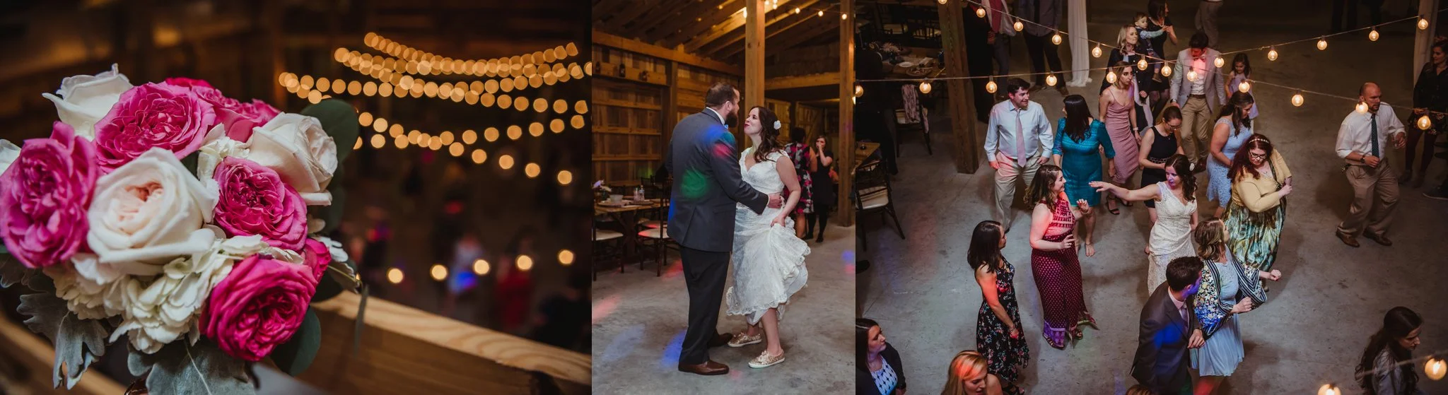 The bride and groom, along with their guests, are dancing at their wedding reception at Carlee Farm in Oxford, NC, taken by Rose Trail Images.